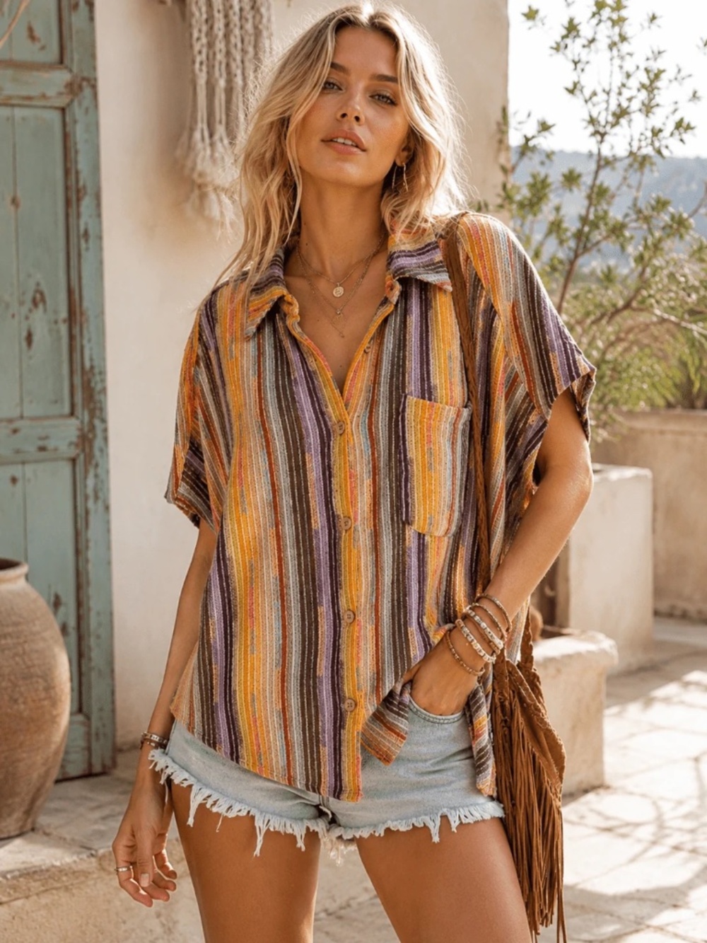 "Very J" Women's Short Sleeve V-Neck Button Up Front Pocket Multi Knit Blouse